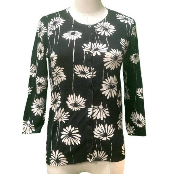 Talbots 3/4 Sleeve Black Floral Lightweight Cotton Blend Cardigan Size S/P - Picture 1 of 5